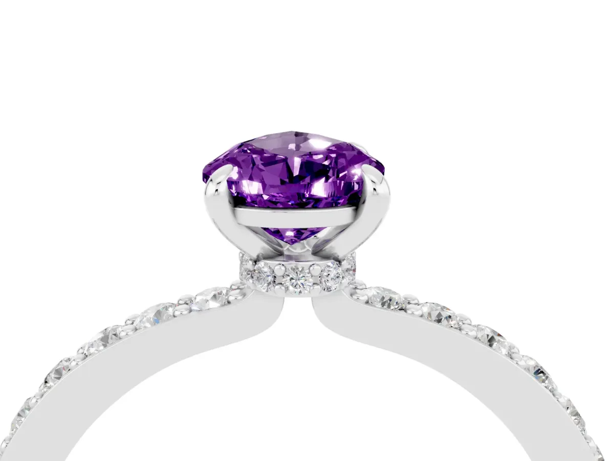 Pear Cut Amethyst Solitaire Engagement Ring with Pavé Band and Four-Prong Setting Silver