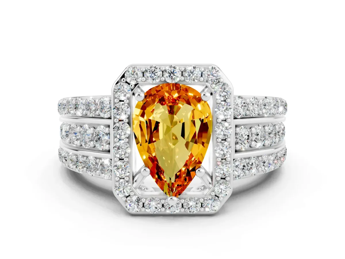 Pear Cut Halo Citrine Ring with Round Split Shank and Prong Setting Silver