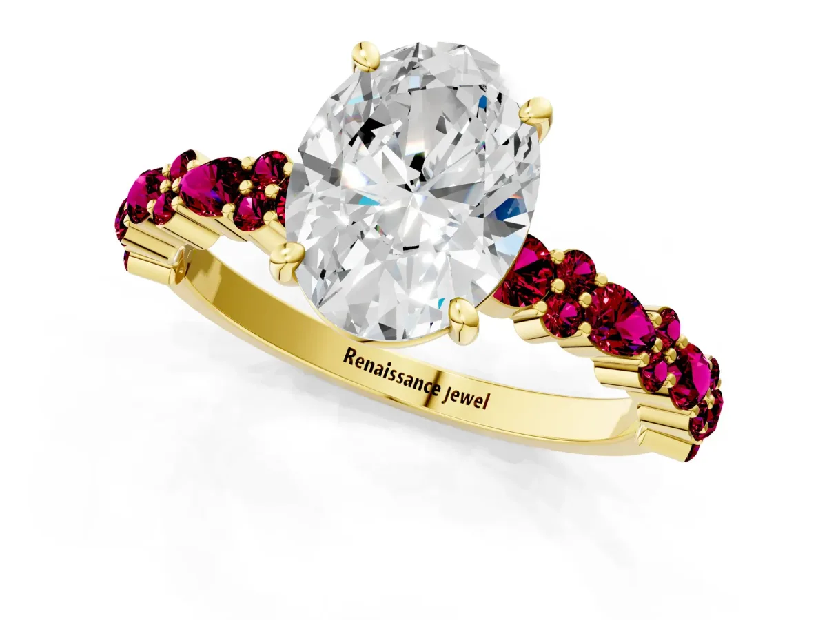 Oval Cut Diamond Side Stone Solitaire Ring with Round Garnet and Four-Prong Setting Yellow gold