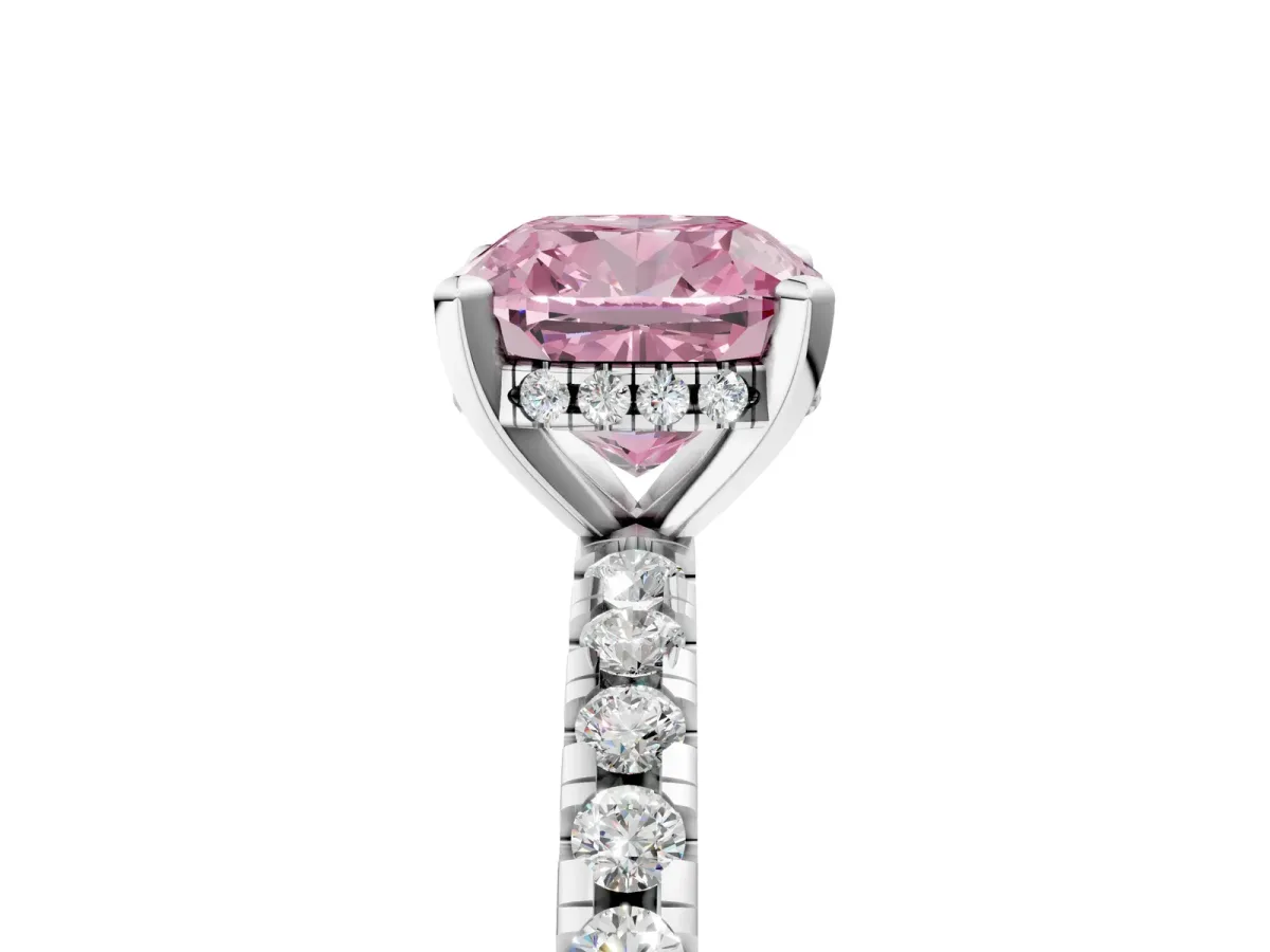 Fancy Pink Cushion Cut Diamond Solitaire Ring with Round Pavé Band and Four-Prong Setting Silver