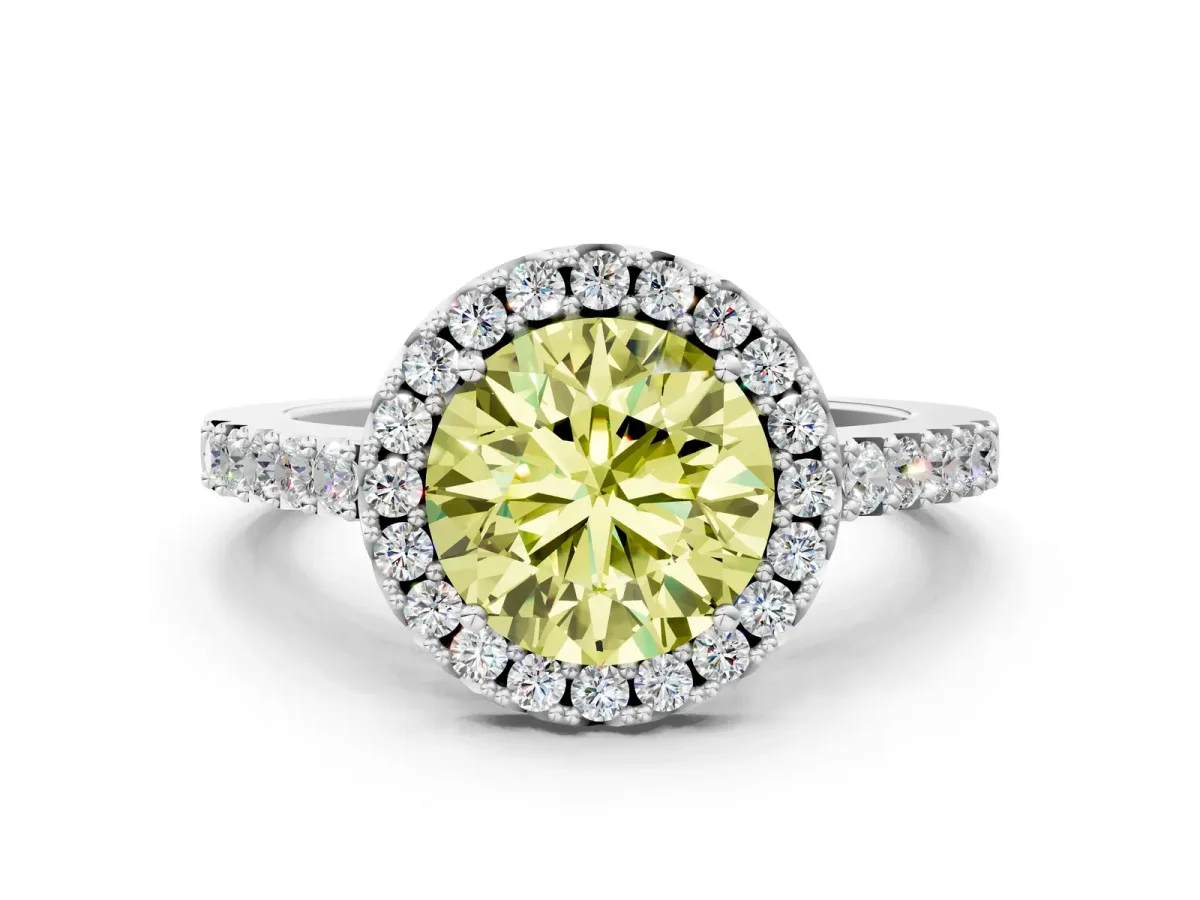 Fancy Yellow Round Cut Halo Diamond Pavé Solitaire Ring Platinum