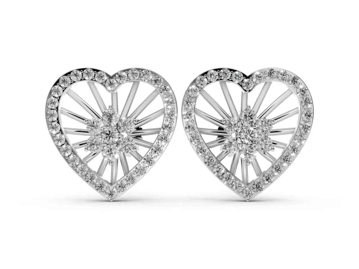 Round Diamond Open Heart Cluster Stud Earrings Silver