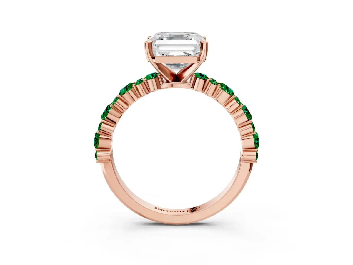 Asscher Cut Diamond Side Stone Solitaire Ring with Round Emerald and Four-Prong Setting Rose gold