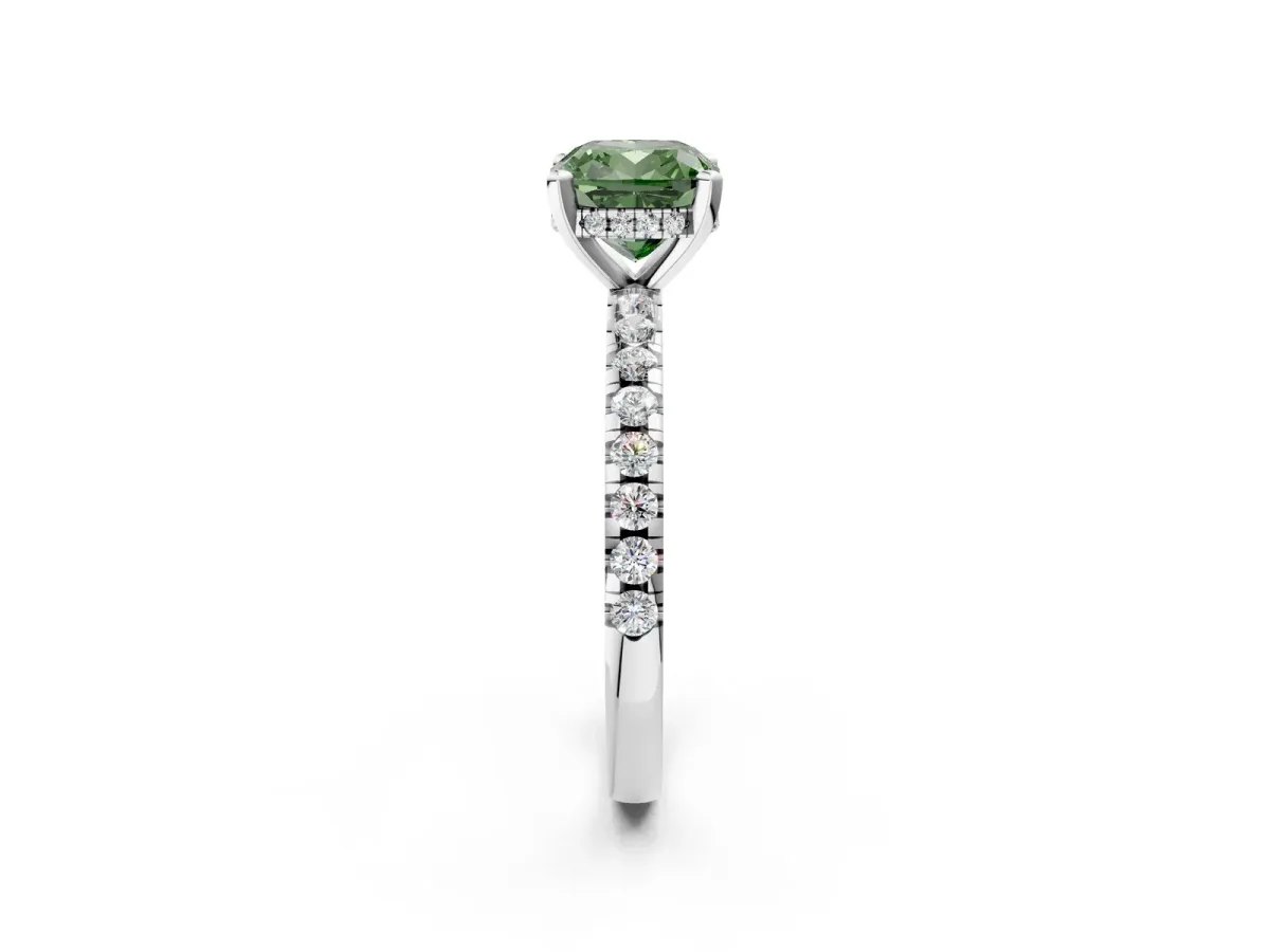 Fancy Green Cushion Cut Diamond Solitaire Ring with Round Pavé Band and Four-Prong Setting Silver
