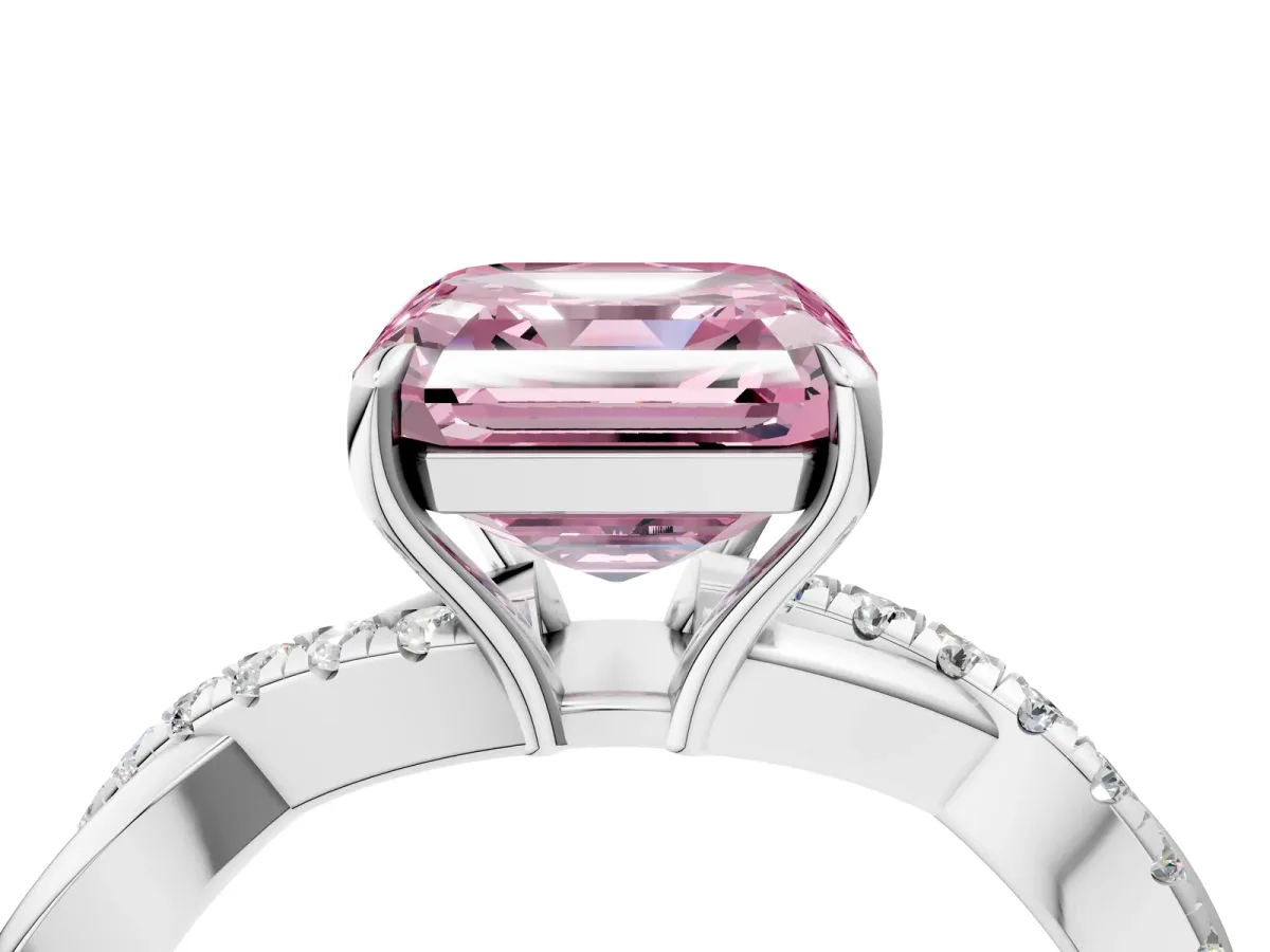 Fancy Pink Asscher Cut Cut Diamond Twisted Band with Pavé Setting and Four-Prong Setting Platinum