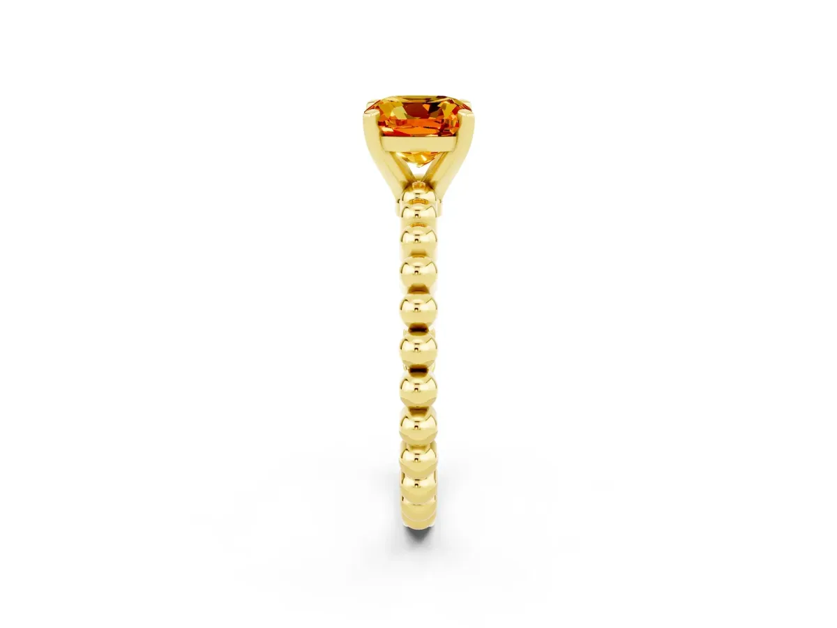 Cushion Cut Citrine Solitaire Ring with Beaded Band and Prong Setting Yellow gold