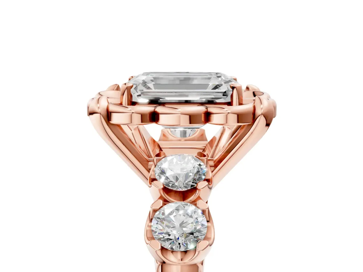 Emerald Cut Cut Diamond Floral Halo Engagement Ring with Shared Prong Setting Rose gold