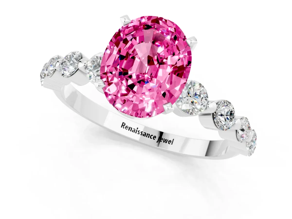 Oval Cut Solitaire Pink Sapphire Ring with Pave Band and Four-Prong Setting Silver