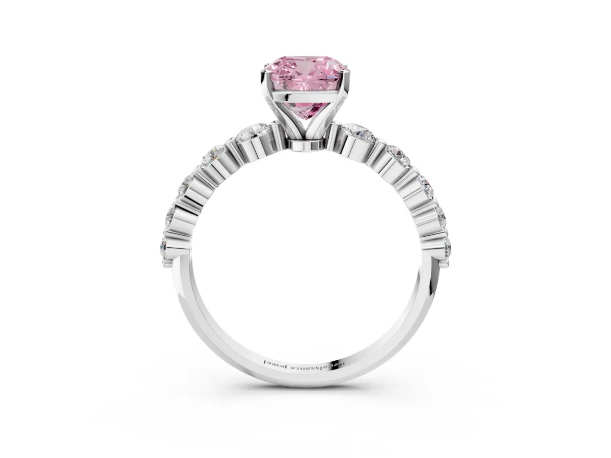 Fancy Pink Cushion Cut Solitaire Diamond Ring with Pave Band and Four-Prong Setting Silver