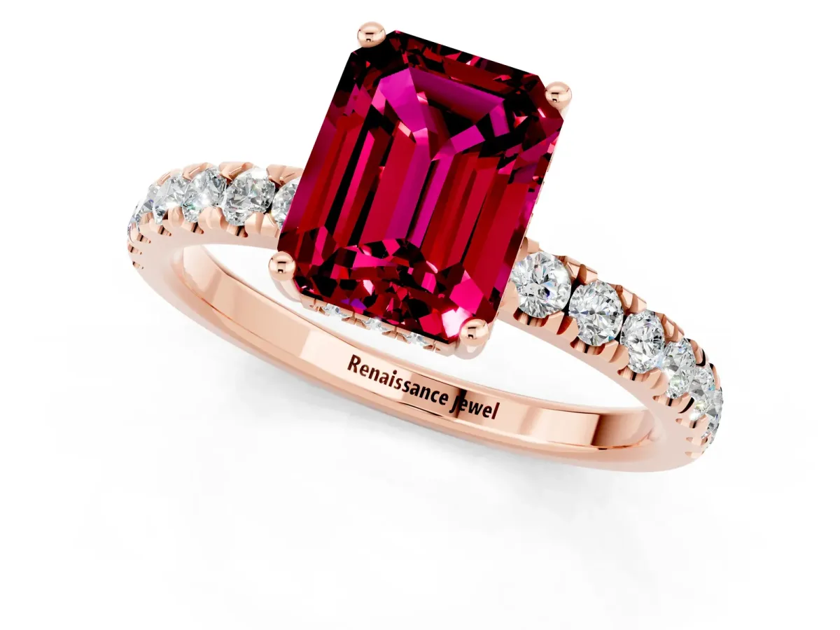 Emerald Cut Garnet Pave Band Solitaire Ring with Round and Prong Setting Rose gold