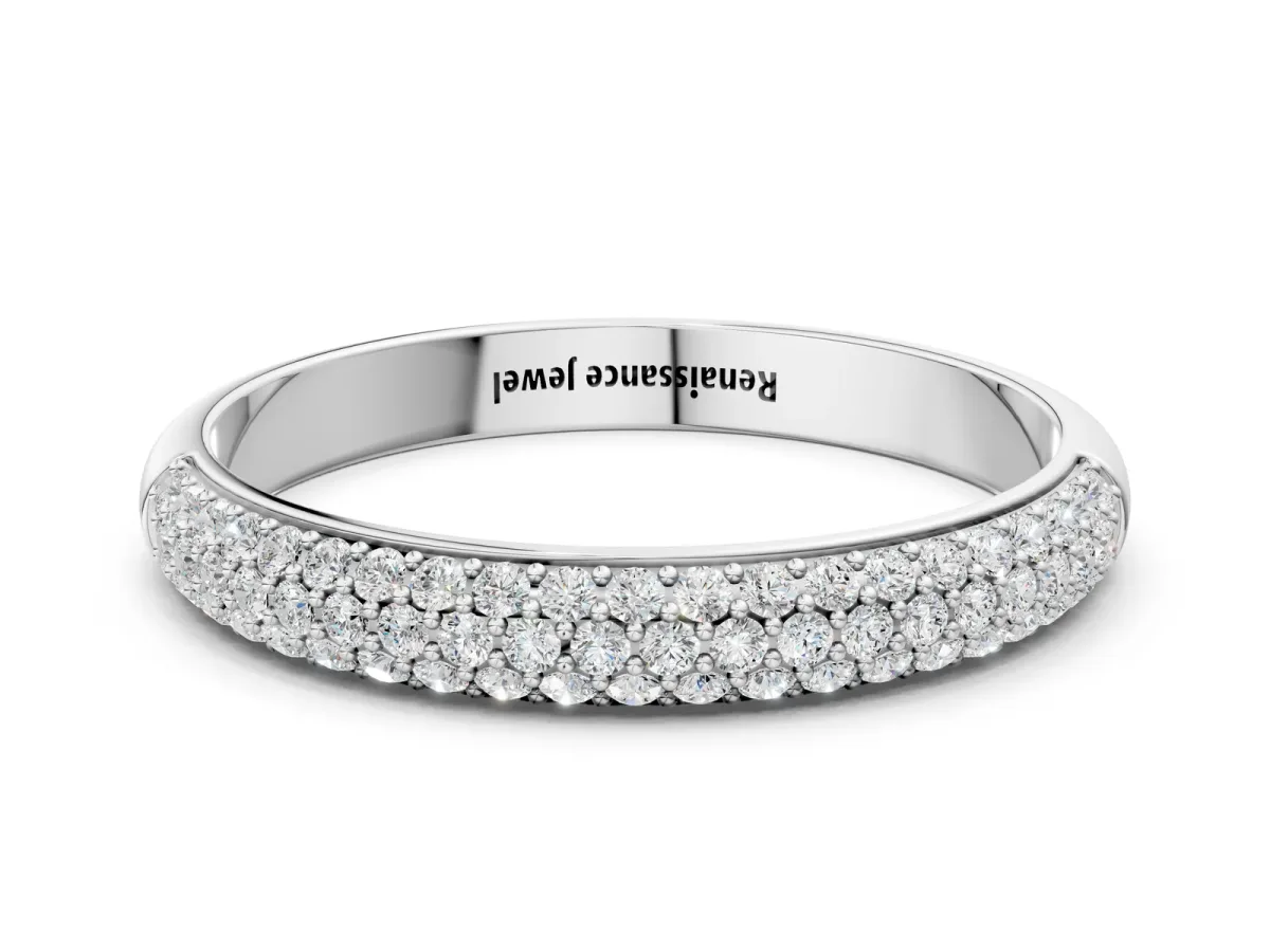Three-Row Pave Round Diamond Eternity Band with Shared Prong Setting White gold
