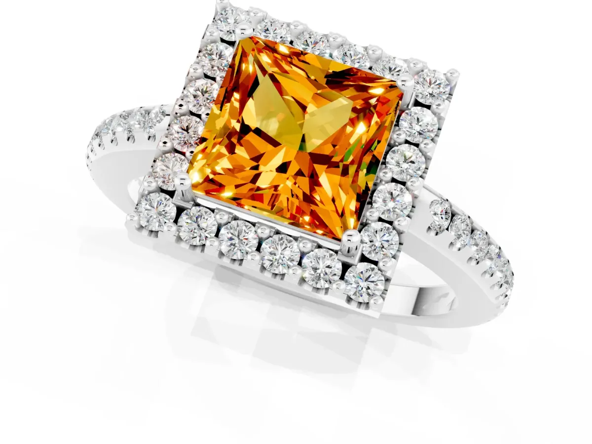 Princess Cut Citrine Pavé Halo Ring with Four-Prong Setting White gold