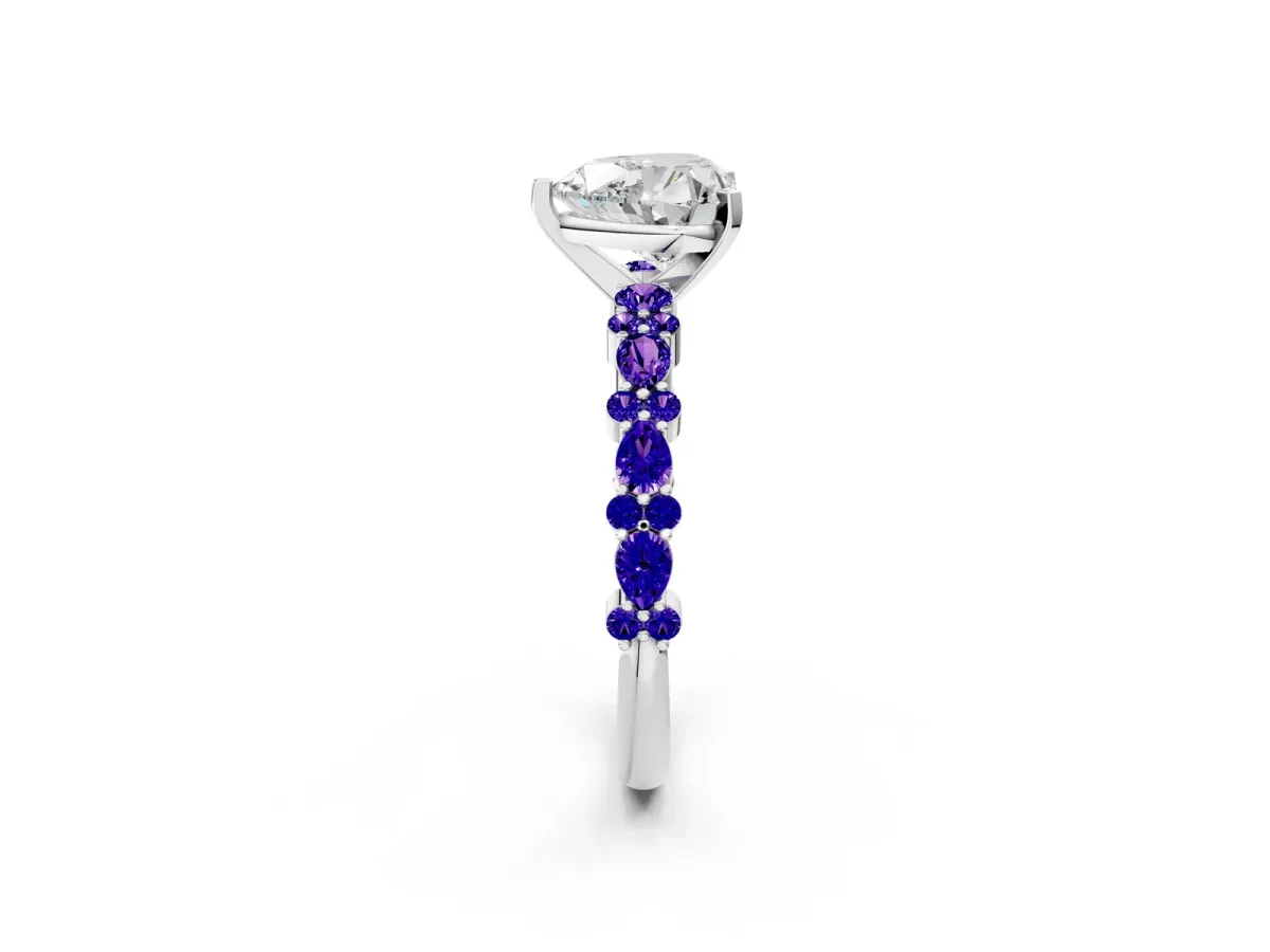 Heart Cut Diamond Side Stone Solitaire Ring with Round Tanzanite and Four-Prong Setting Platinum
