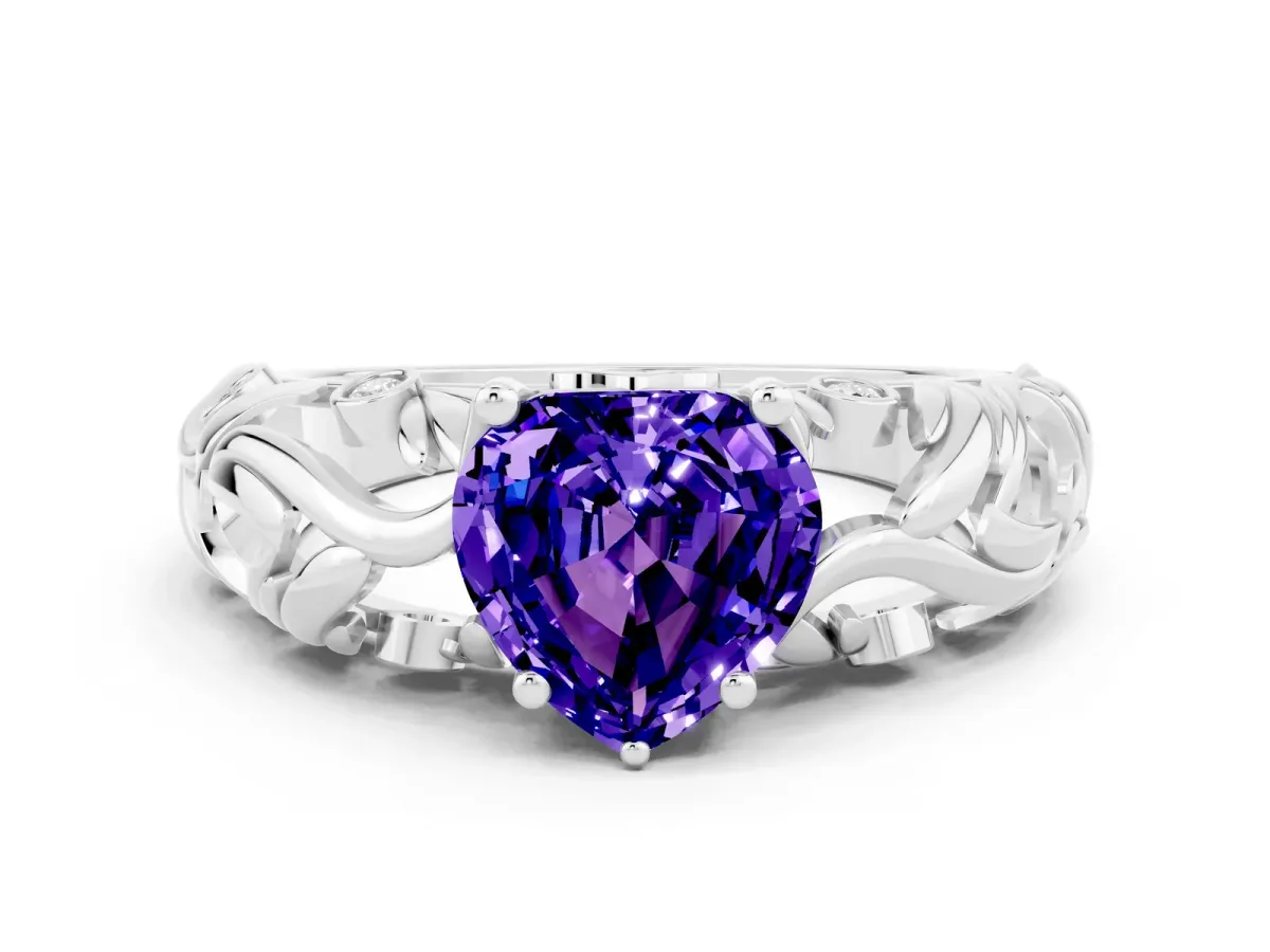 Heart Cut Solitaire Tanzanite Leaf-Inspired Vine Band Ring with Prong Setting Platinum