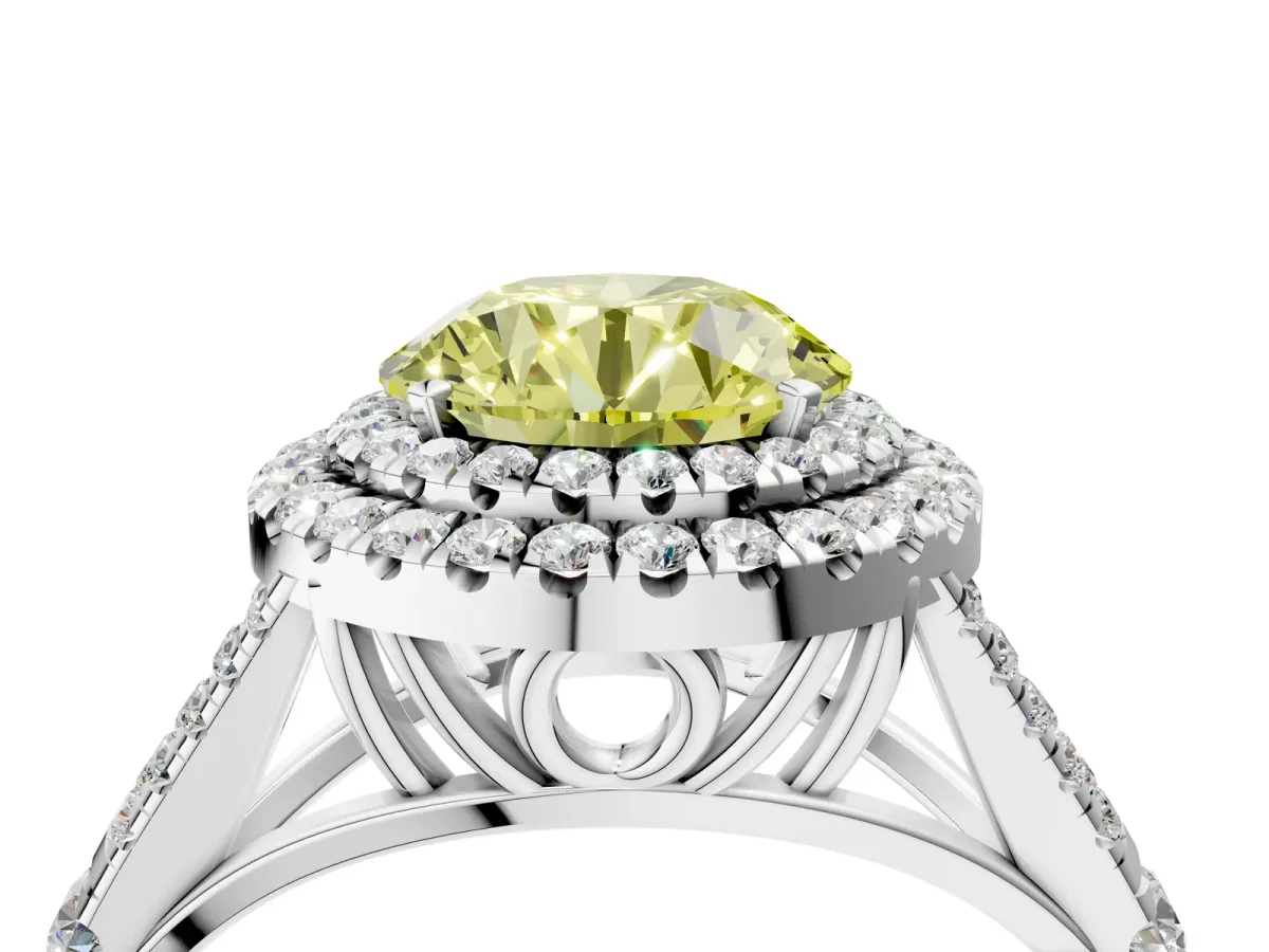 Fancy Yellow Double Halo Round Cut Diamond Split Shank Engagement Ring with Four-Prong Setting White gold