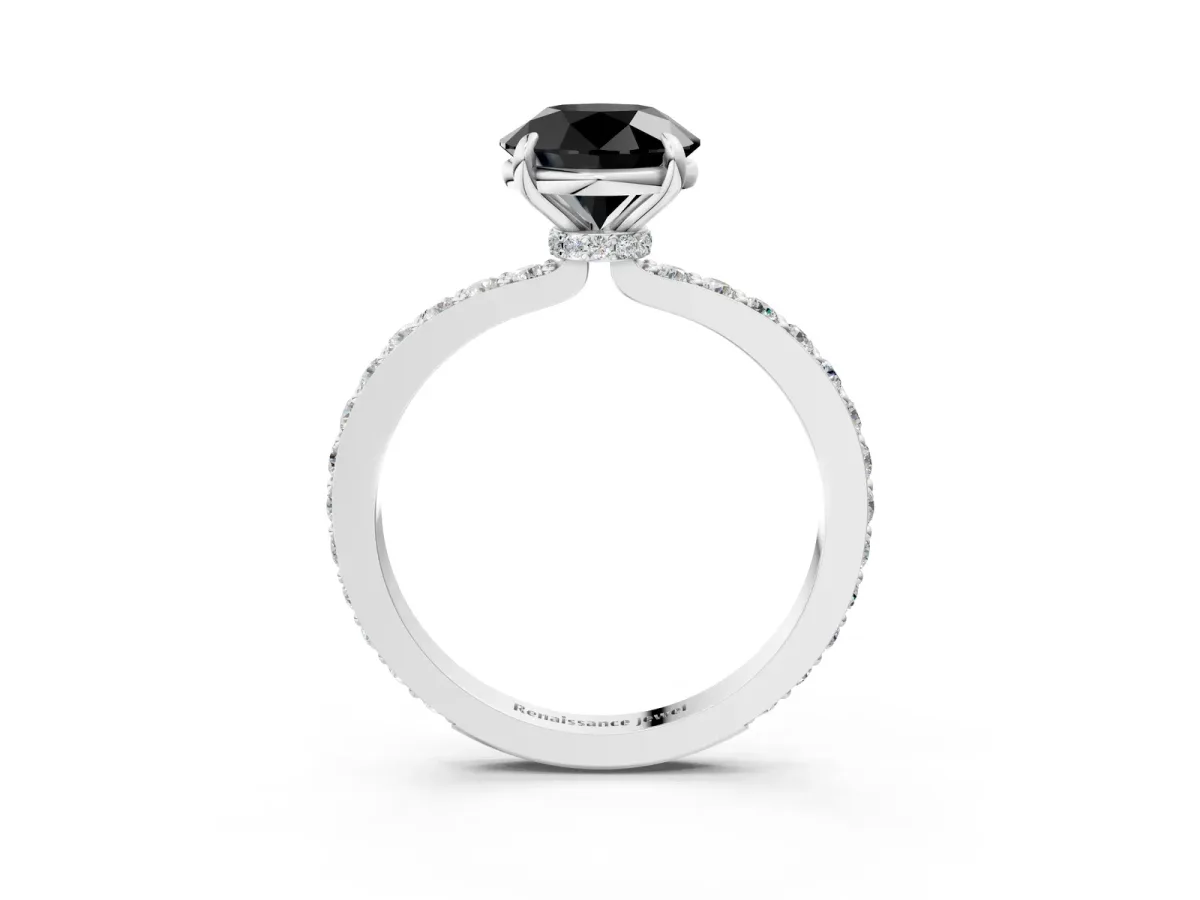 Fancy Black Round Cut Diamond Solitaire Engagement Ring with Pavé Band and Four-Prong Setting Silver