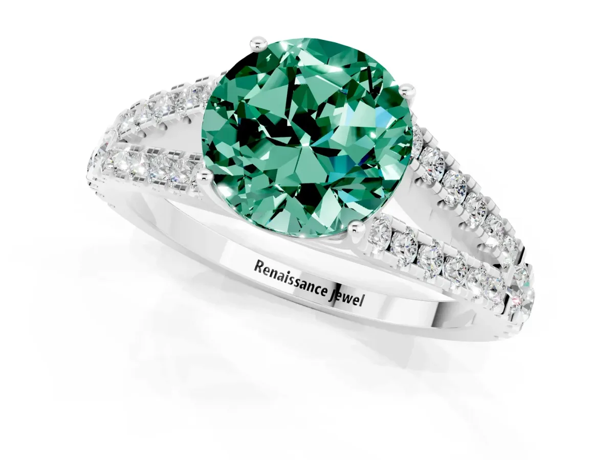 Round Cut Green Sapphire Split Shank Engagement Ring with Round Pavé and Prong Setting Platinum