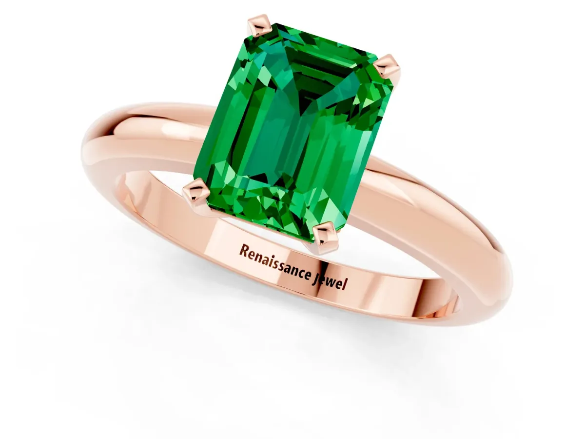 Emerald Cut Emerald Solitaire Engagement Ring with Round Band and Four-Prong Setting Rose gold