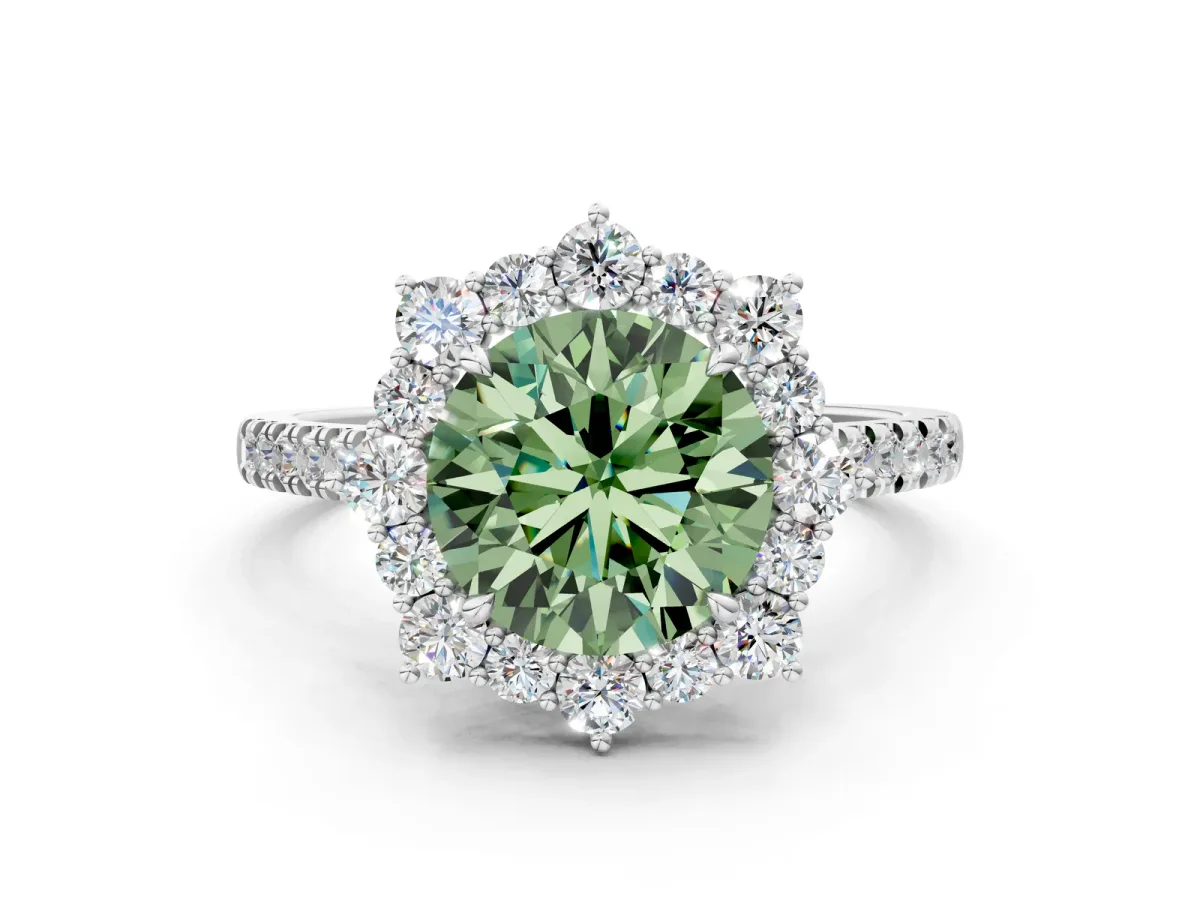 Fancy Green Round Cut Halo Diamond Ring with Pavé Band and Prong Setting Silver