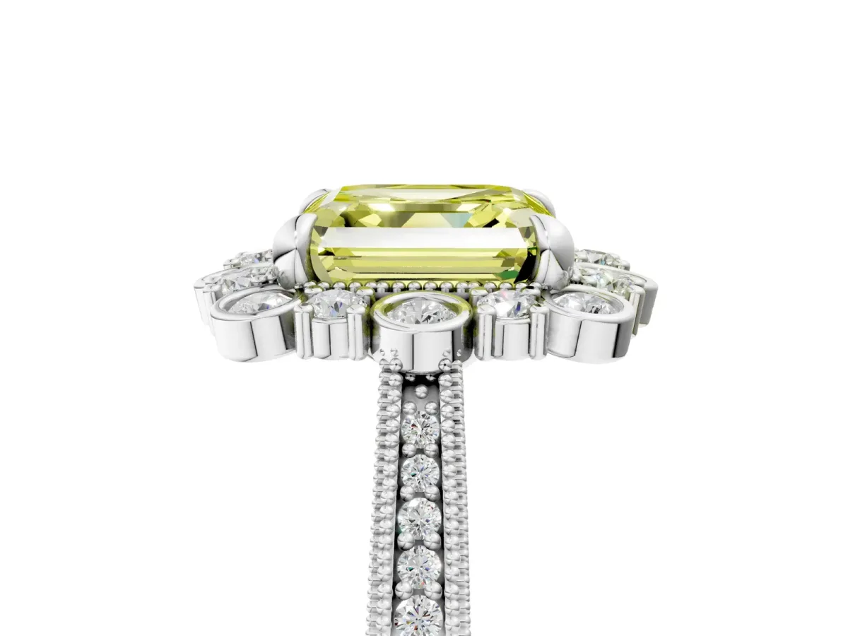 Fancy Yellow Asscher Cut Halo Milgrain Pave Diamond Ring with Four-Prong Setting Platinum