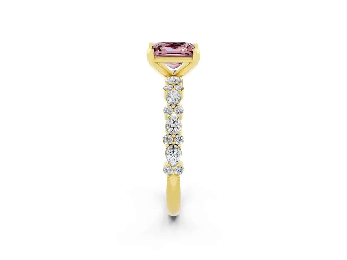 Princess Cut Morganite Side Stone Solitaire Ring with Round and Four-Prong Setting Yellow gold