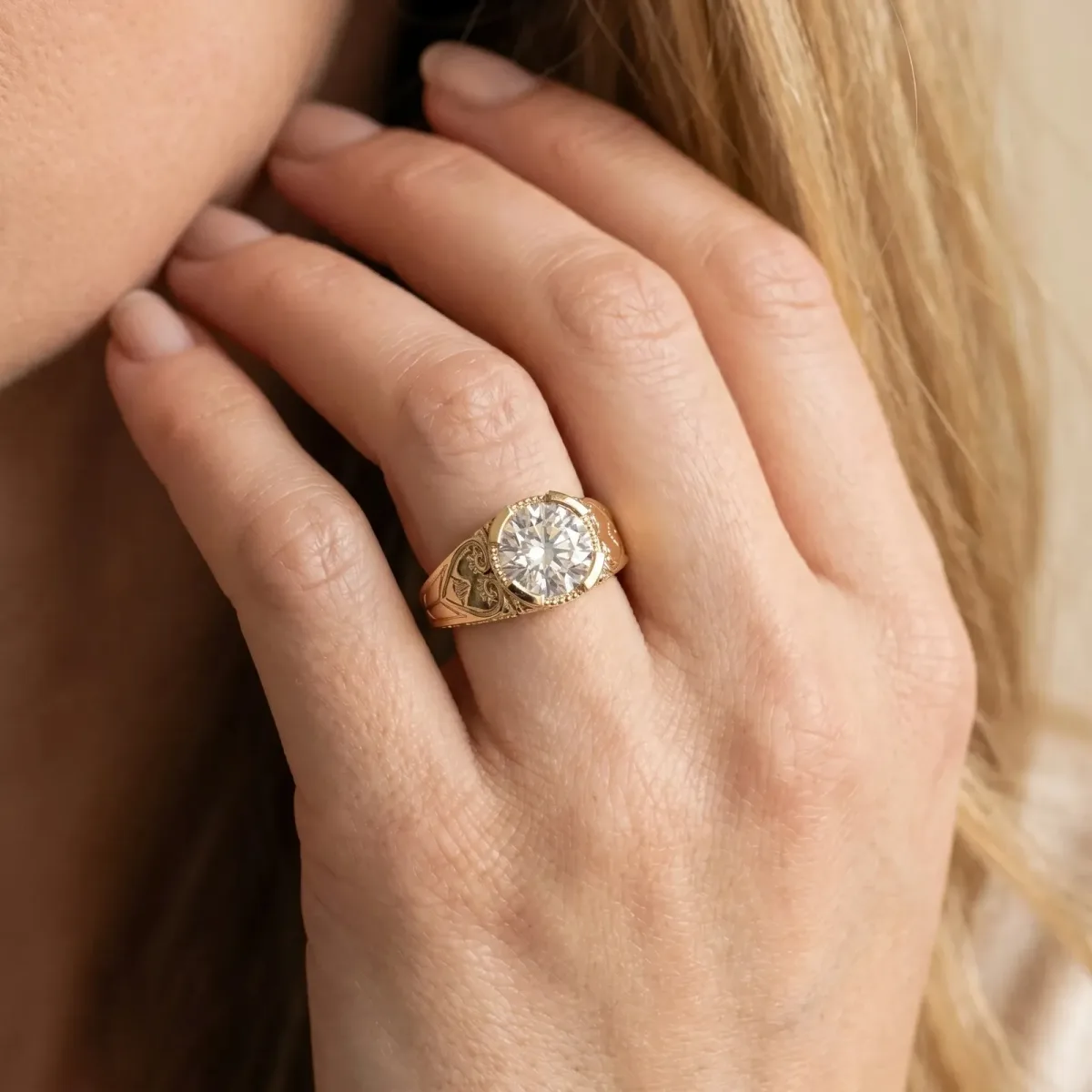 Round Cut Brilliant Solitaire Milgrain Bezel Engagement Ring Yellow gold