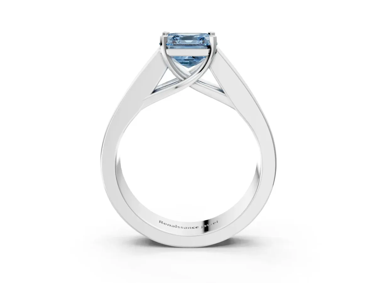 Fancy Blue Asscher Cut Cut Channel Set Solitaire Ring with Four-Prong Setting Silver
