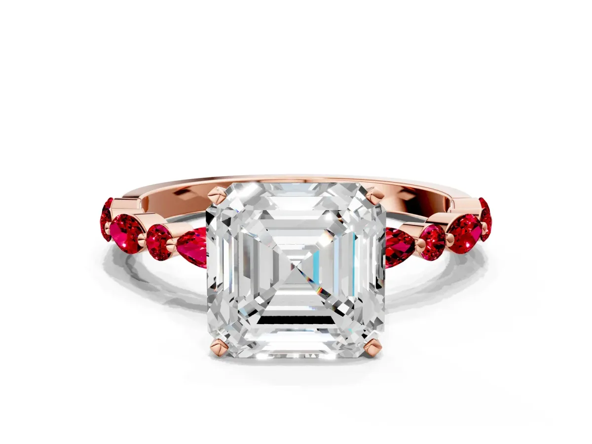 Asscher Cut Diamond Ring with Marquise and Round Ruby Side Stones and Four-Prong Setting Rose gold