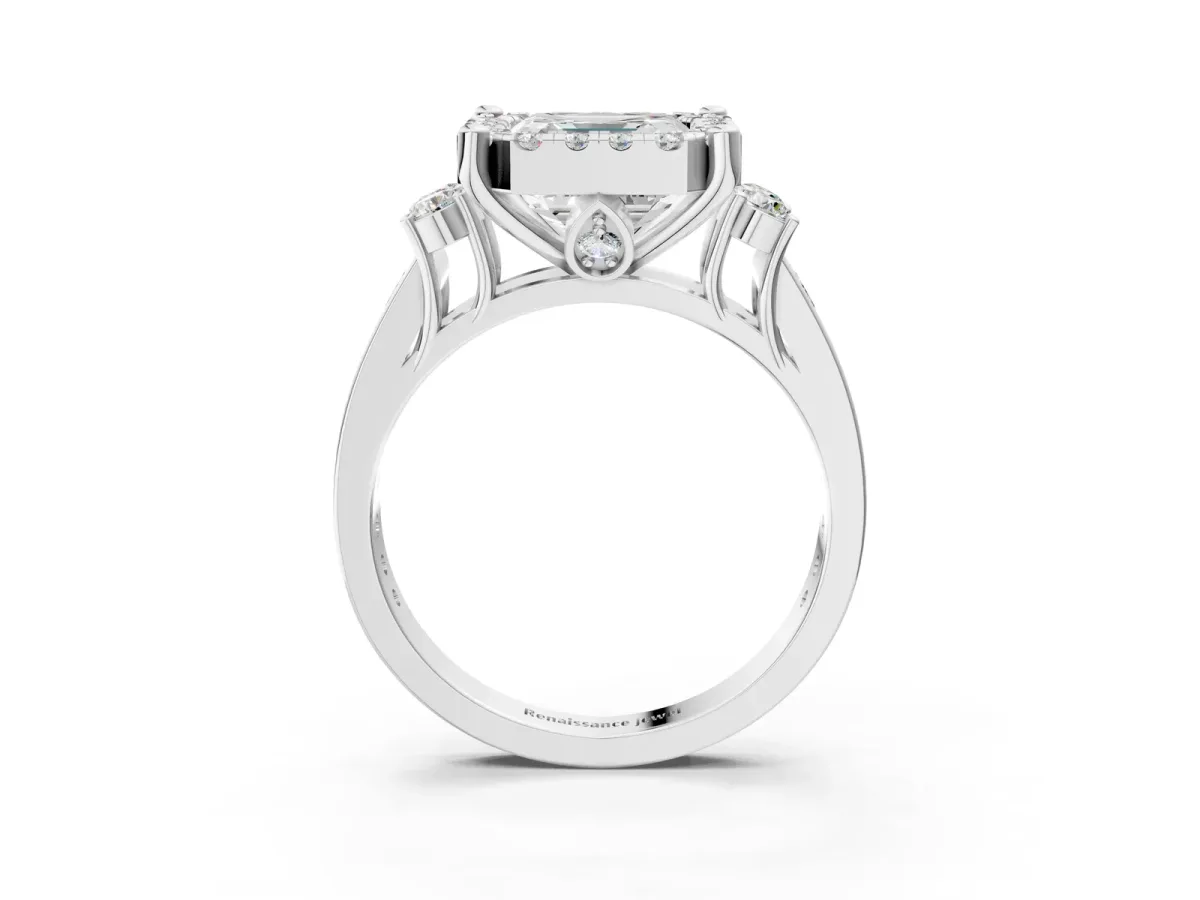 Asscher Cut Halo Diamond Engagement Ring with Split Shank and Four-Prong Setting Platinum
