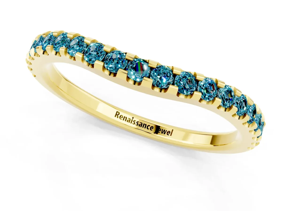 Round Blue Topaz Pavé Curved Wedding Band Yellow gold