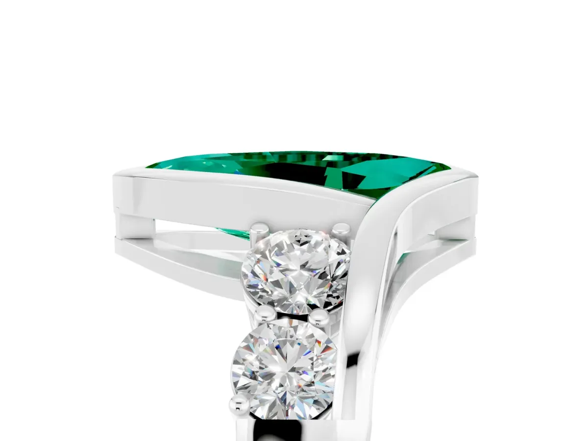 Bezel Set Marquise Cut Emerald Bypass Ring with Round Accents Platinum