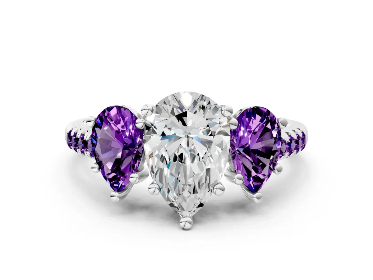 Three-Stone Pear Cut Diamond Ring with Round Amethyst Pavé Band and Prong Setting Silver