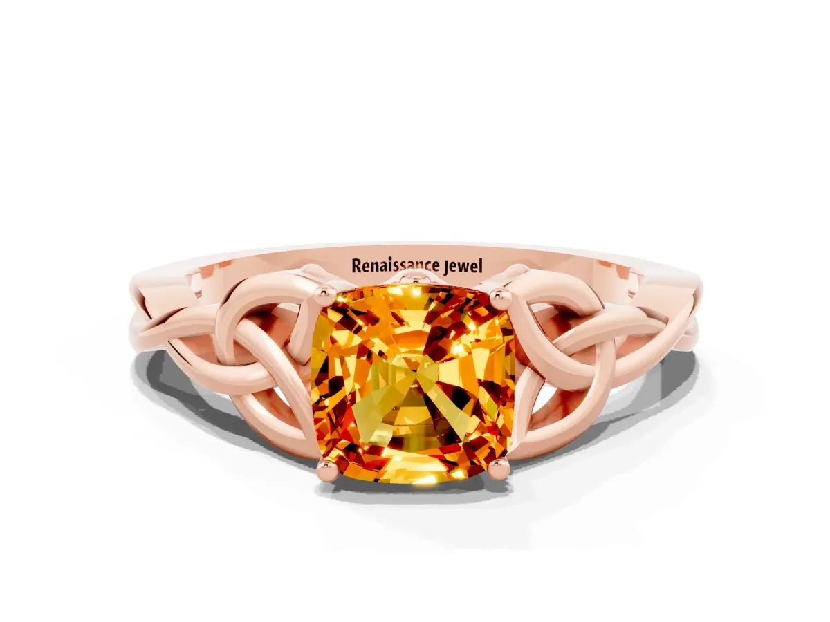 Cushion Cut Citrine Solitaire Celtic Knot Ring with Four-Prong Setting Rose gold