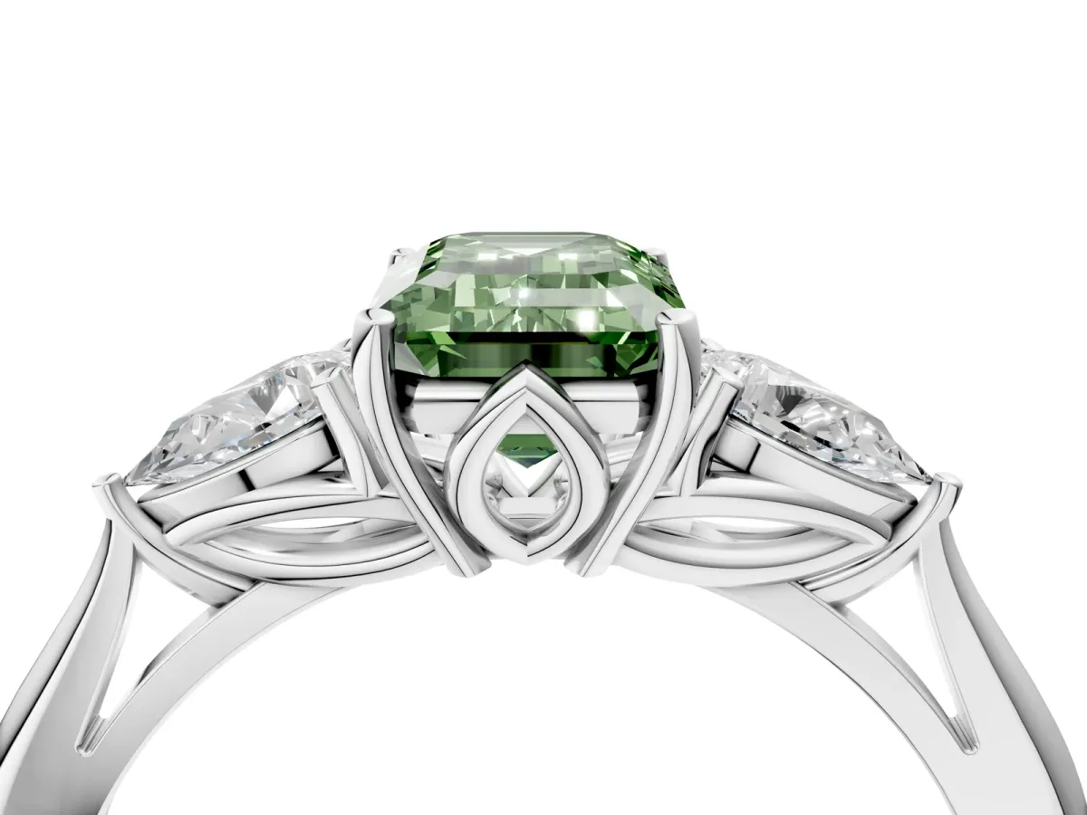 Fancy Green Three-Stone Emerald Cut Diamond Ring with Pear Side Stones in Four-Prong Setting White gold