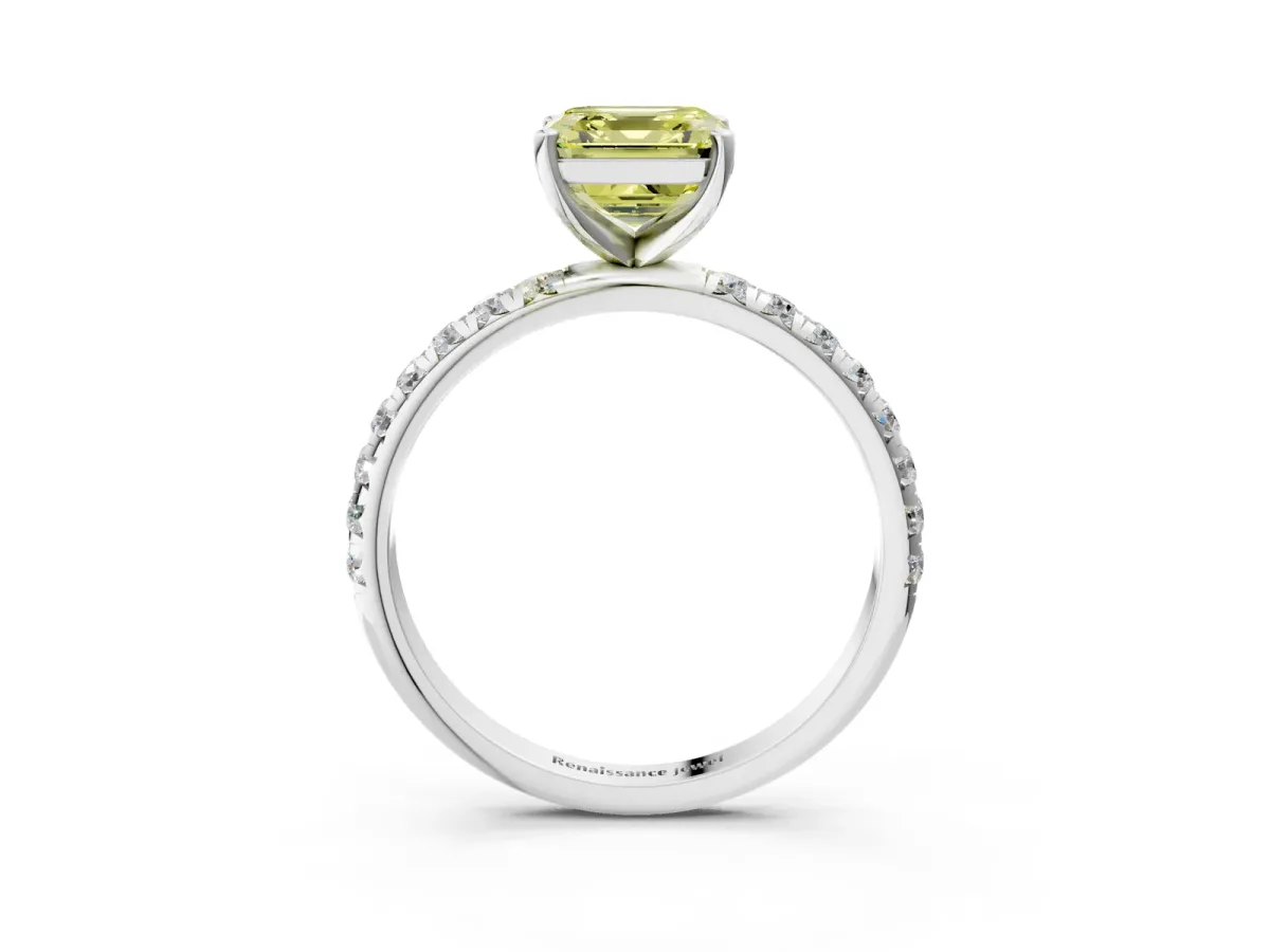 Fancy Yellow Asscher Cut Cut Diamond Solitaire Ring with Micro Pave Band and Four Prong Setting Platinum