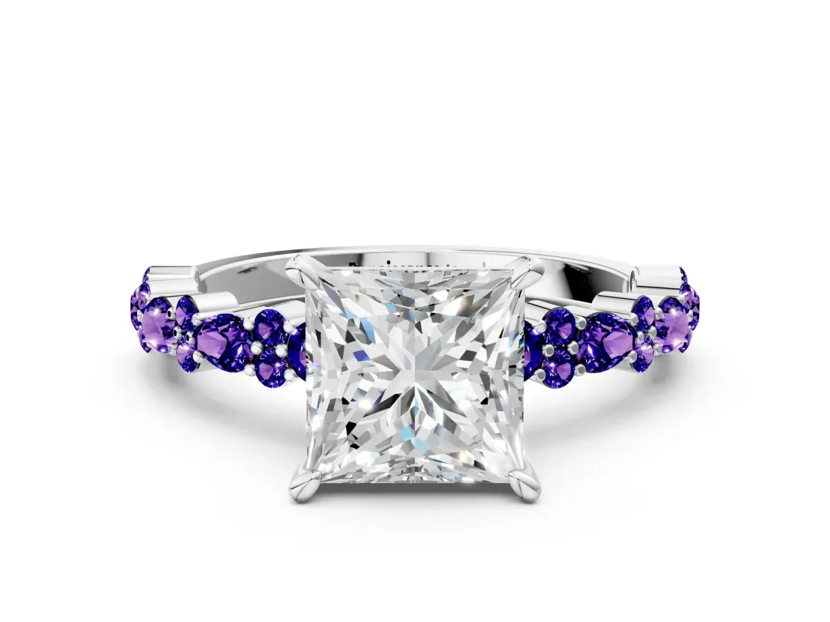 Princess Cut Diamond Side Stone Solitaire Ring with Round Tanzanite and Four-Prong Setting Silver