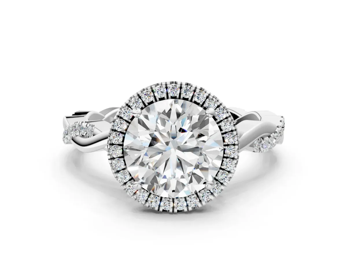 Round Cut Cut Halo Twisted Band Four-Prong Ring Platinum