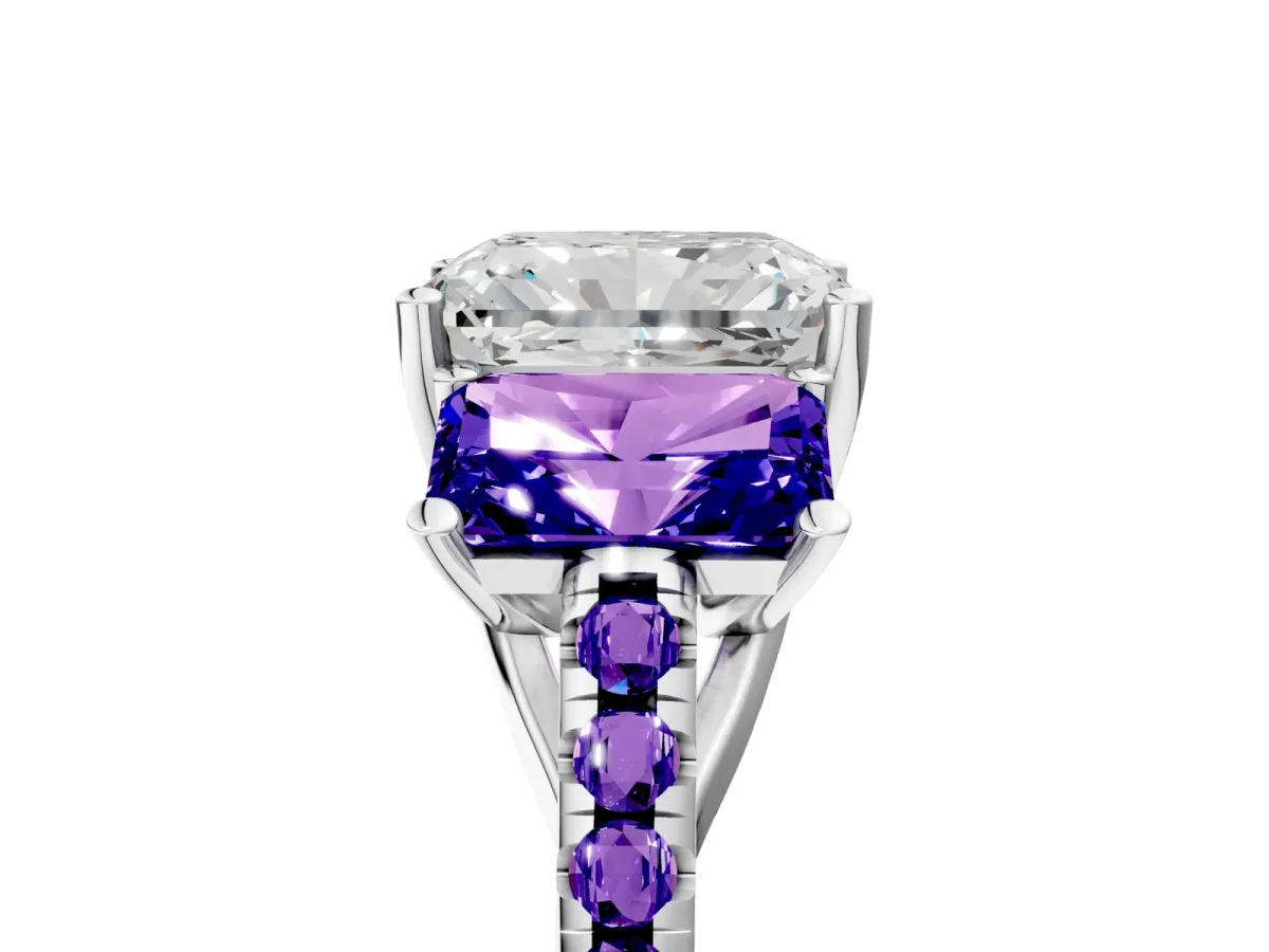 Three-Stone Radiant Cut Diamond Ring with Round Tanzanite Pavé Band and Prong Setting Silver