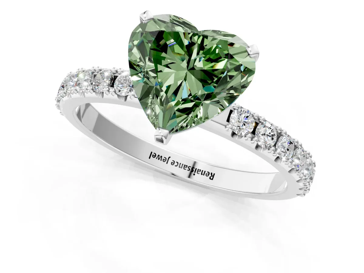 Fancy Green Heart Cut Diamond Solitaire Pavé Band with Four-Prong Setting Silver