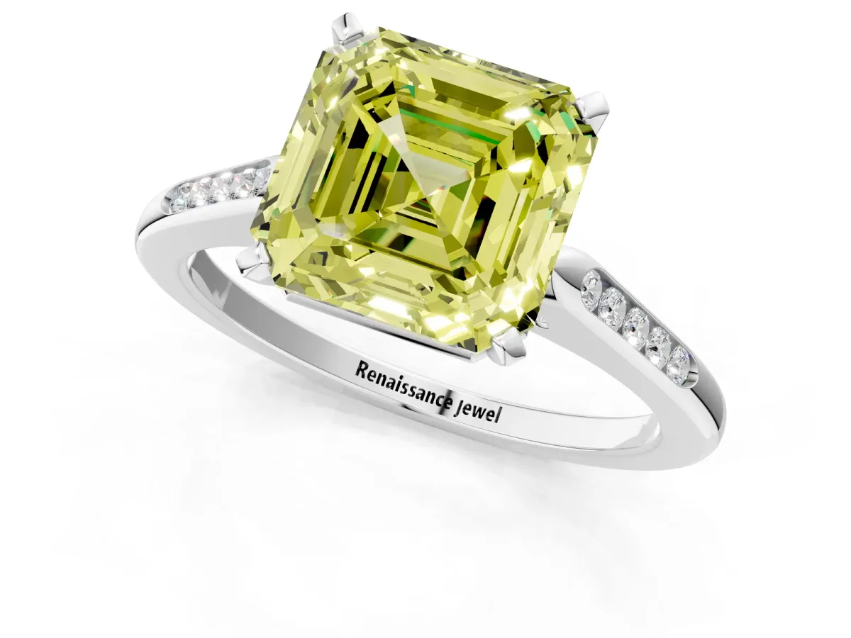Fancy Yellow Asscher Cut Diamond Solitaire Ring with Channel Set Round Band and Prong Setting Silver
