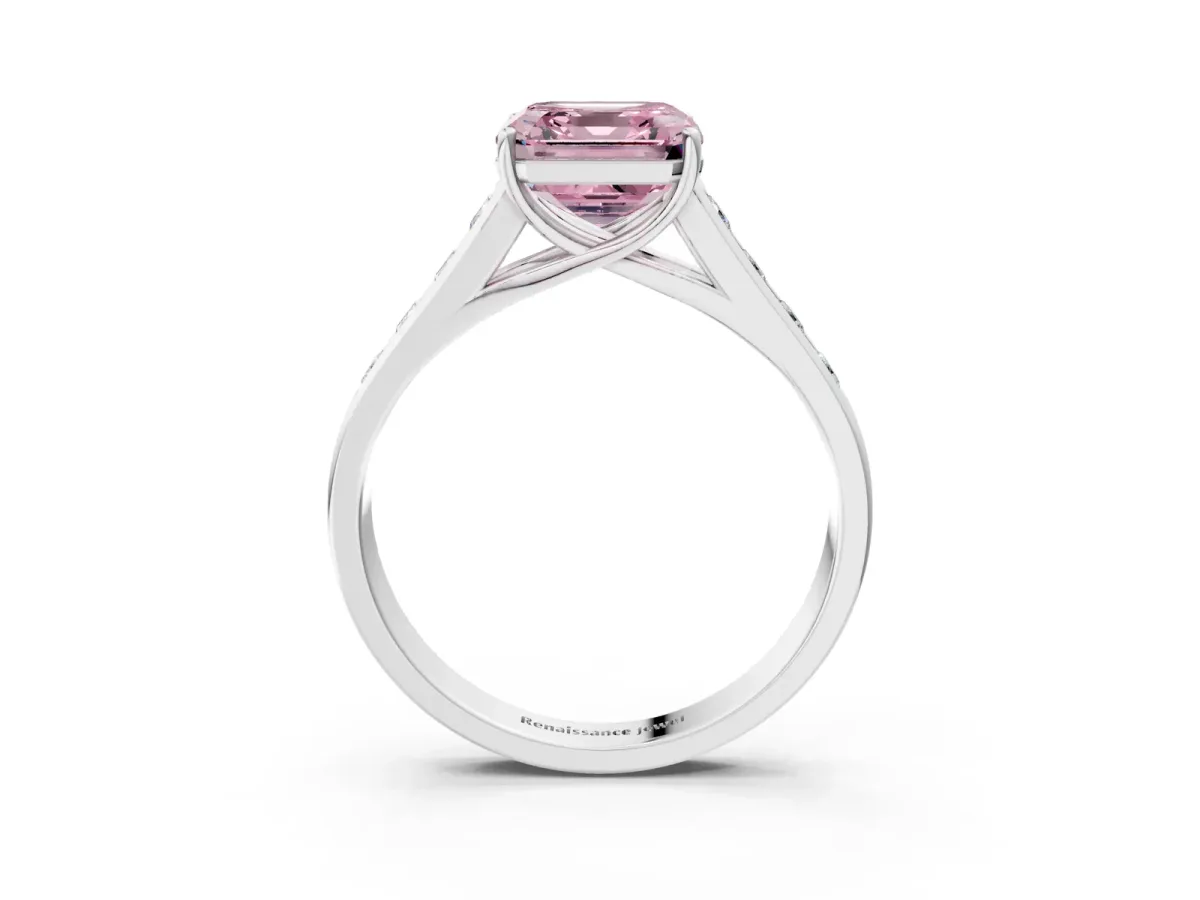 Fancy Pink Asscher Cut Solitaire Channel-Set Diamond Engagement Ring with Four-Prong Setting Platinum