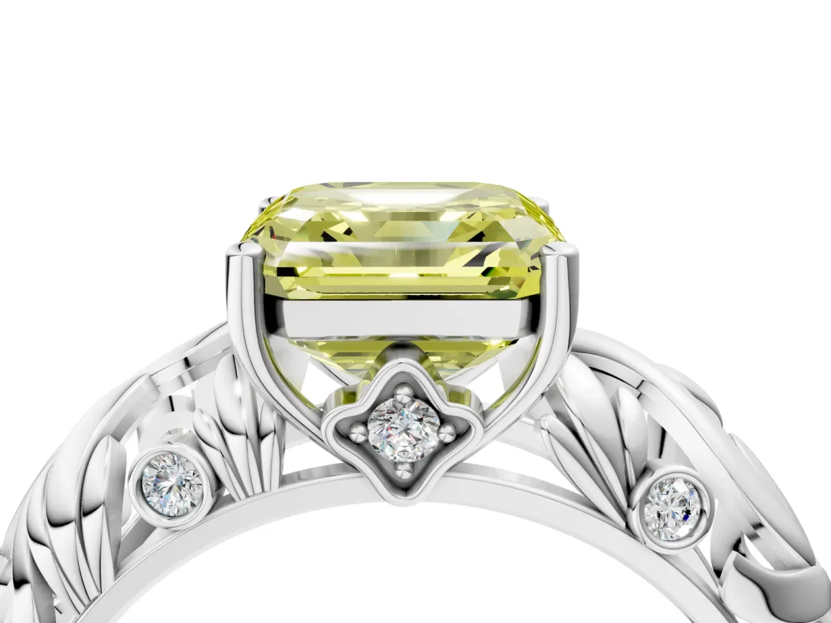 Fancy Yellow Asscher Cut Solitaire Diamond Leaf-Inspired Vine Band Ring with Prong Setting Platinum