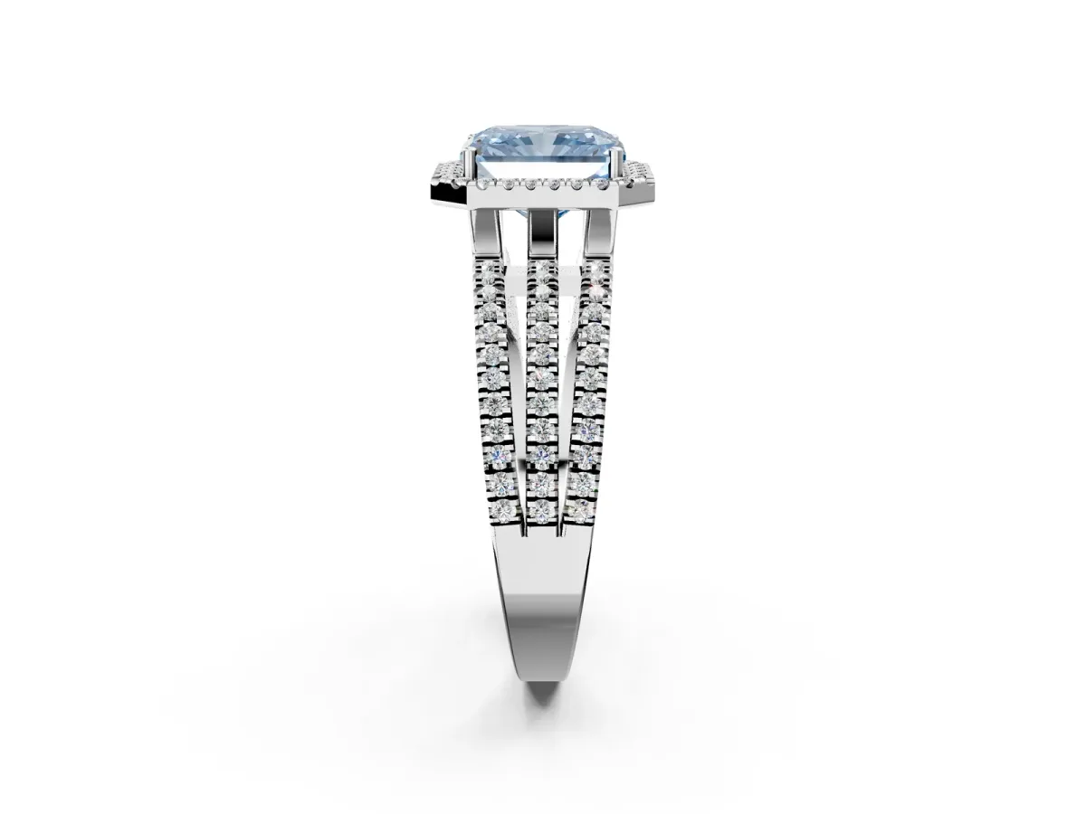 Fancy Blue Radiant Cut Diamond Halo Engagement Ring with Split Shank and Four-Prong Setting Platinum