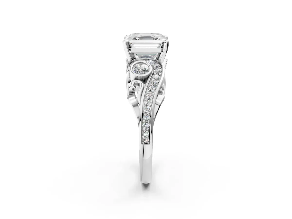 Asscher Cut Diamond Solitaire Ring with Milgrain Pavé Band and Four-Prong Setting Silver