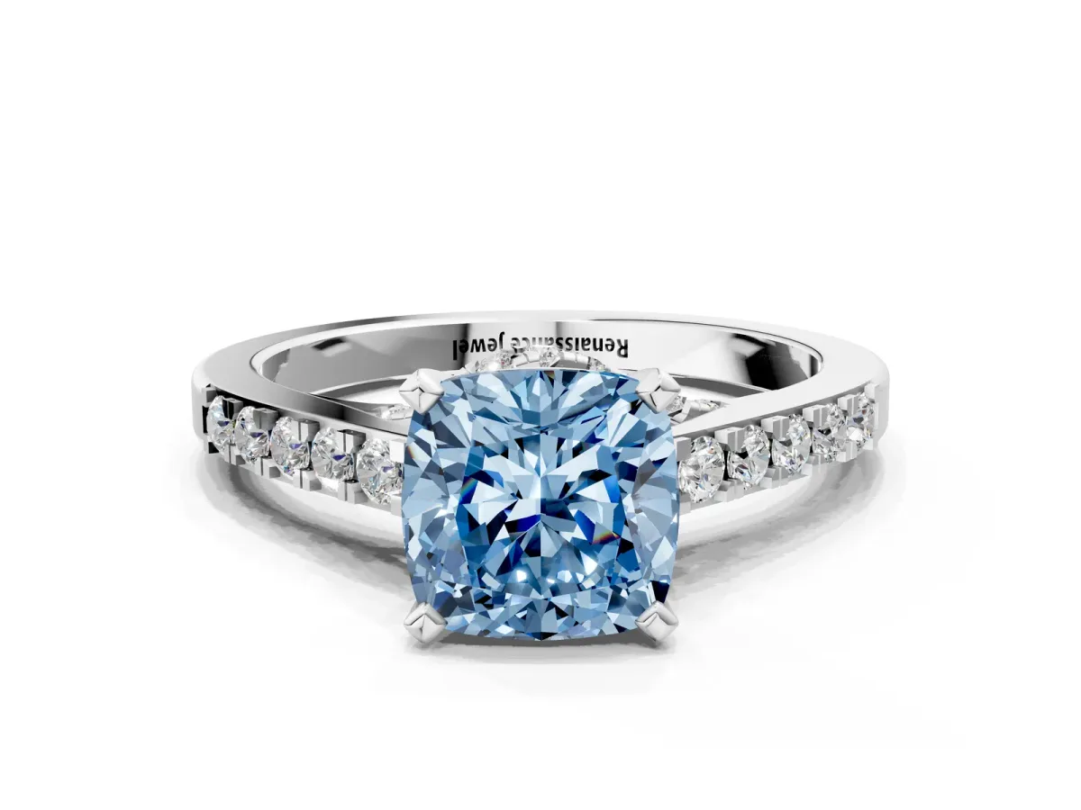 Fancy Blue Cushion Cut Diamond Solitaire Ring with Crossover Gallery and Round Pavé Band Silver