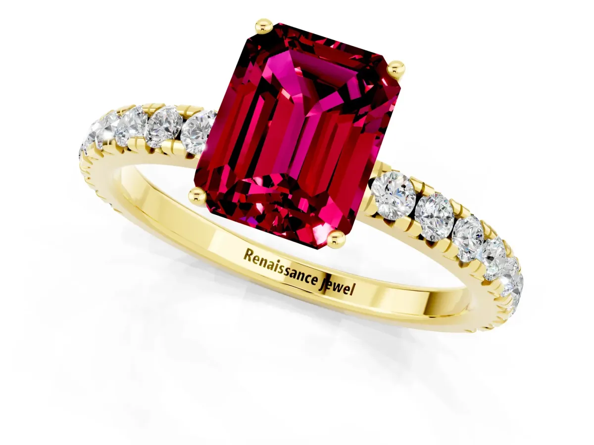 Emerald Cut Garnet Pavé Solitaire Engagement Ring with Four-Prong Setting Yellow gold