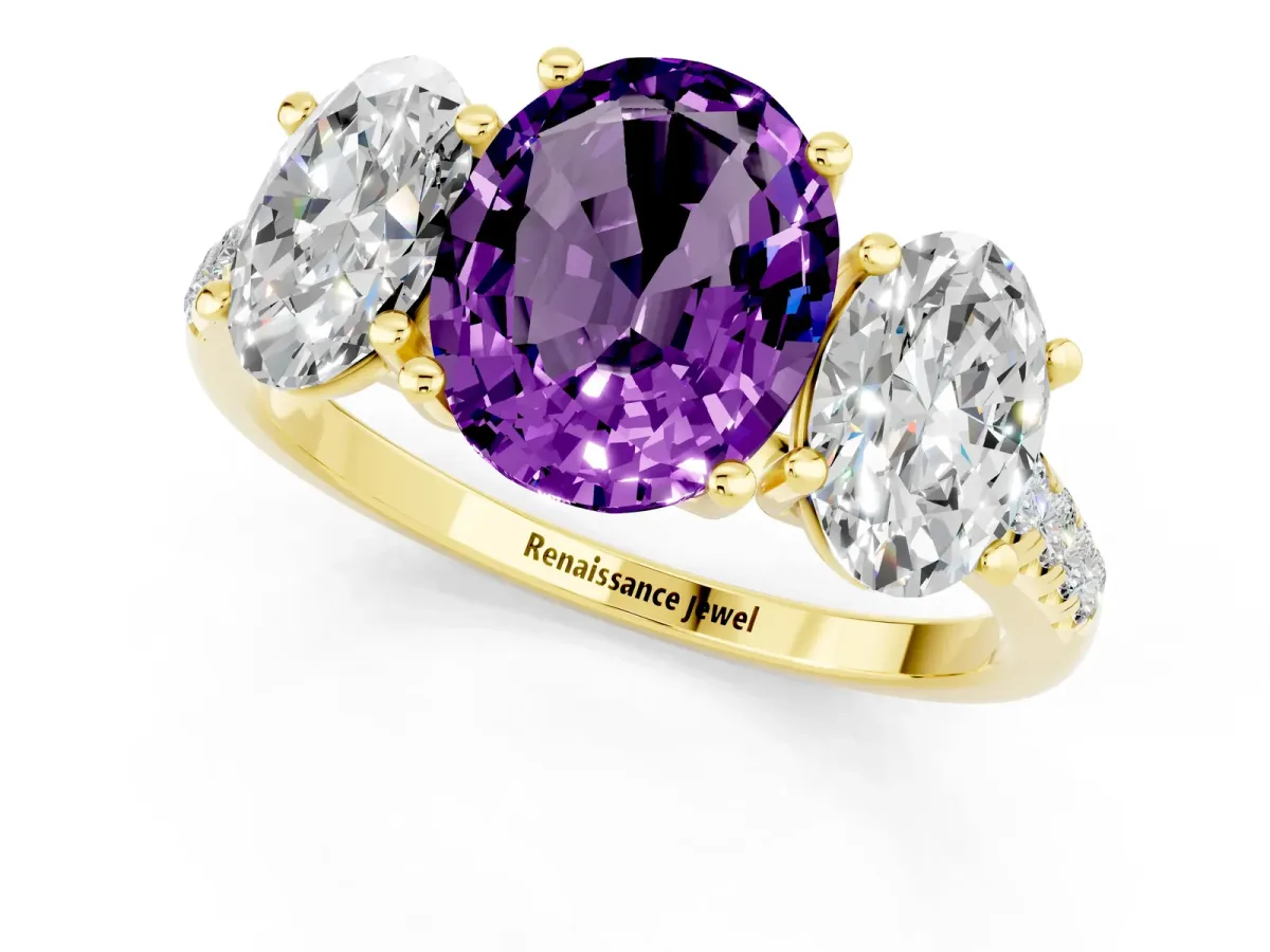 Three-Stone Oval Cut Amethyst Ring with Round Pavé Band and Prong Setting Yellow gold