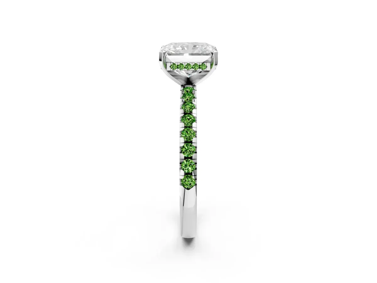 Radiant Cut Diamond Solitaire Ring with Round Peridot Pavé Band and Four-Prong Setting Silver