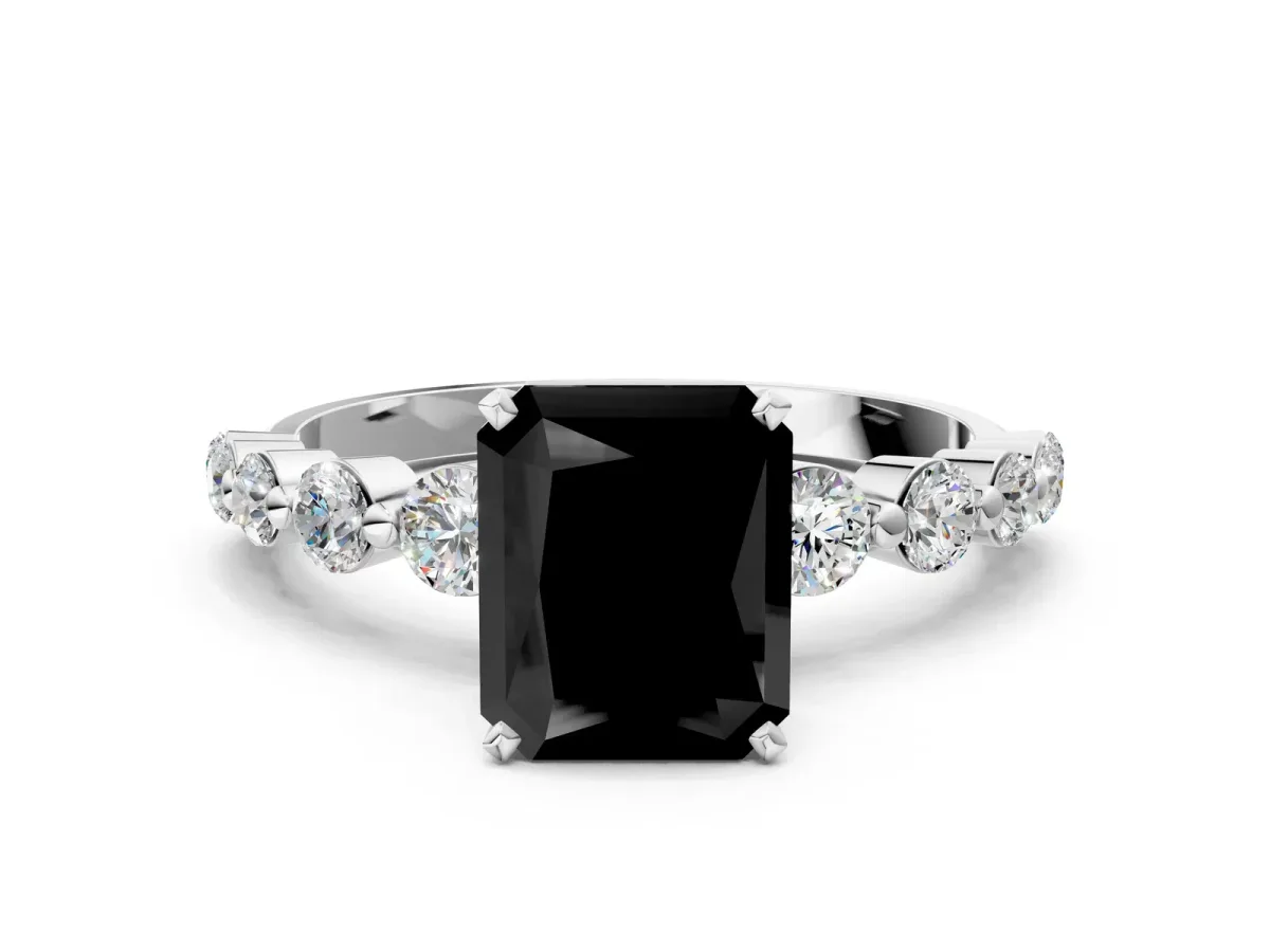 Fancy Black Radiant Cut Solitaire Diamond Ring with Pave Band and Four-Prong Setting Silver
