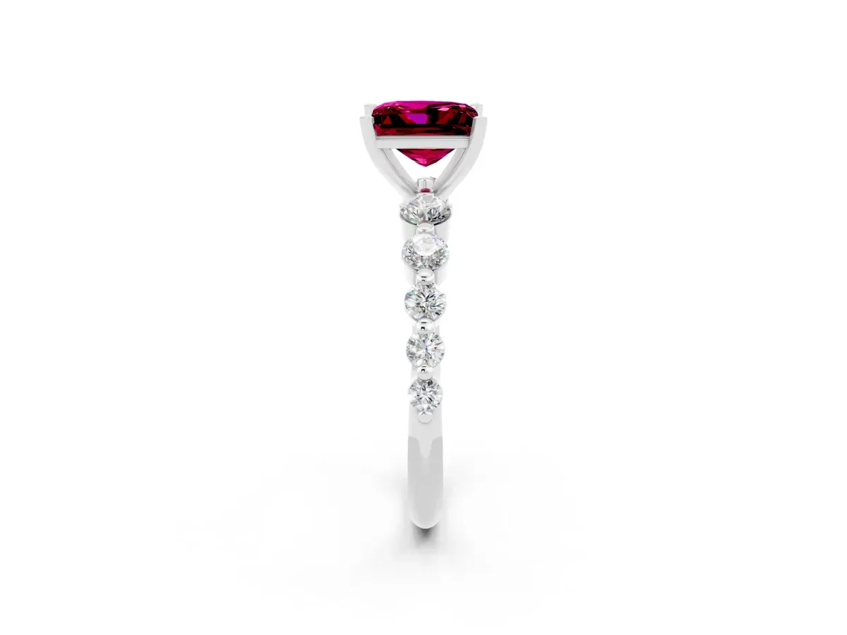 Princess Cut Solitaire Garnet Ring with Pave Band and Four-Prong Setting Silver